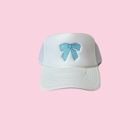 White Trucker Hat with Blue Bow