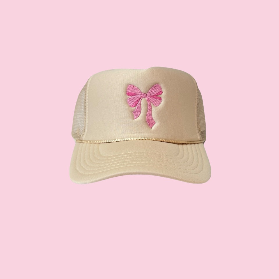 Tan Trucker Hat with Pink Bow