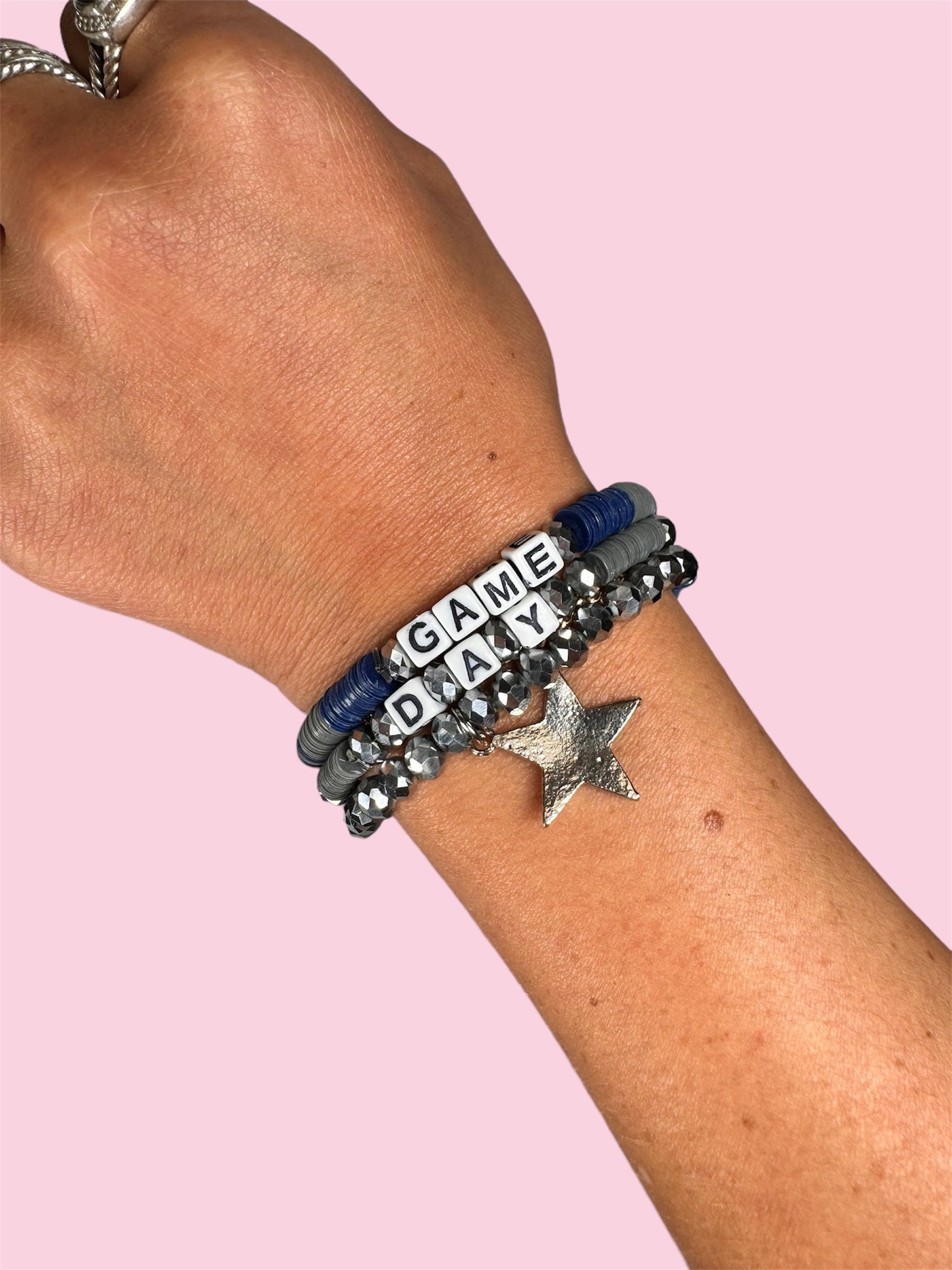 NAVY AND SILVER GAME DAY ADULT BRACELET